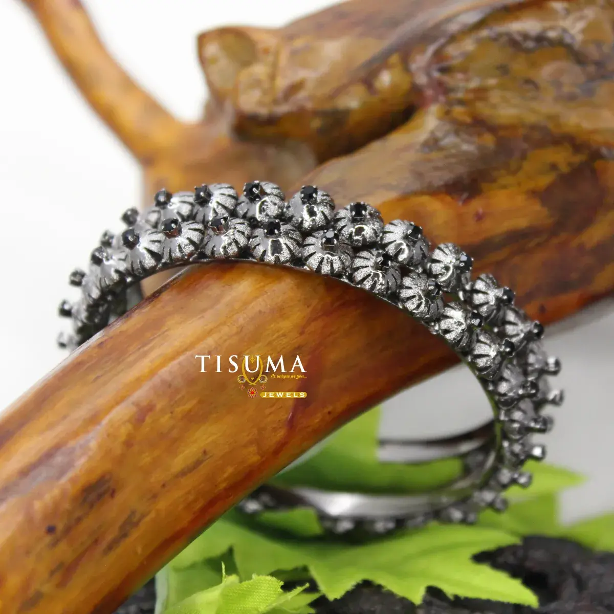 Black Fluted Floral AD Bangles